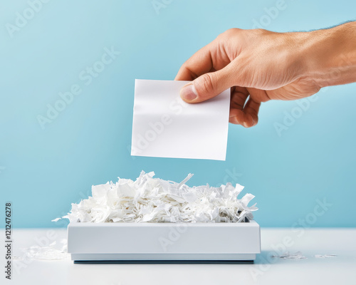 hand inserting document into shredder filled with shredded paper, symbolizing data destruction and privacy protection photo