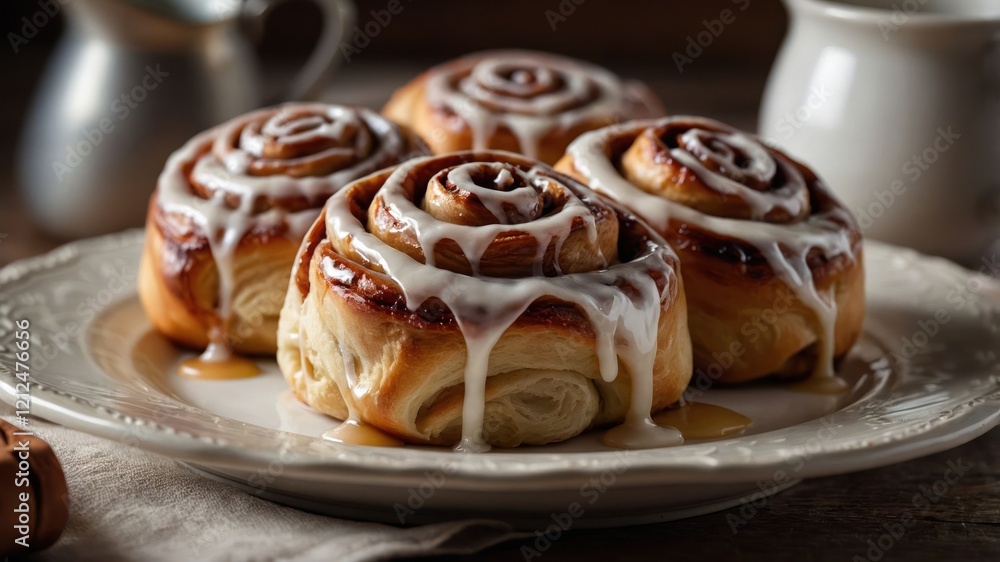 Freshly baked cinnamon rolls with icing on a decorative plate. Freshly baked cinnamon rolls with icing on a decorative plate.