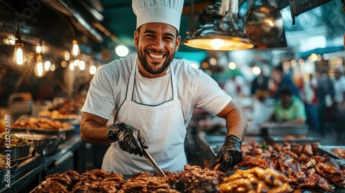 A smiling chef in a bustling food market happily serves a variety of grilled meat dishes, showcasing the vibrant culinary scene and the joy of sharing delicious food. photo