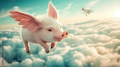 Pig with majestic wings floating in sky photo