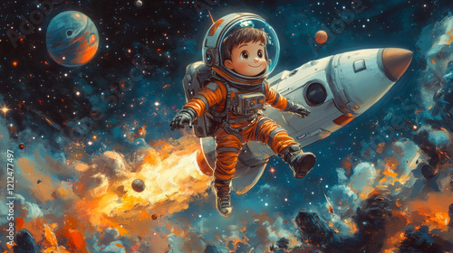 3d cartoon character boy in spacesuit flying next to space rocket on the background of stars and planets. Funny cheerful facial expression