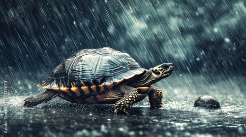 Turtle walking in heavy rain. photo