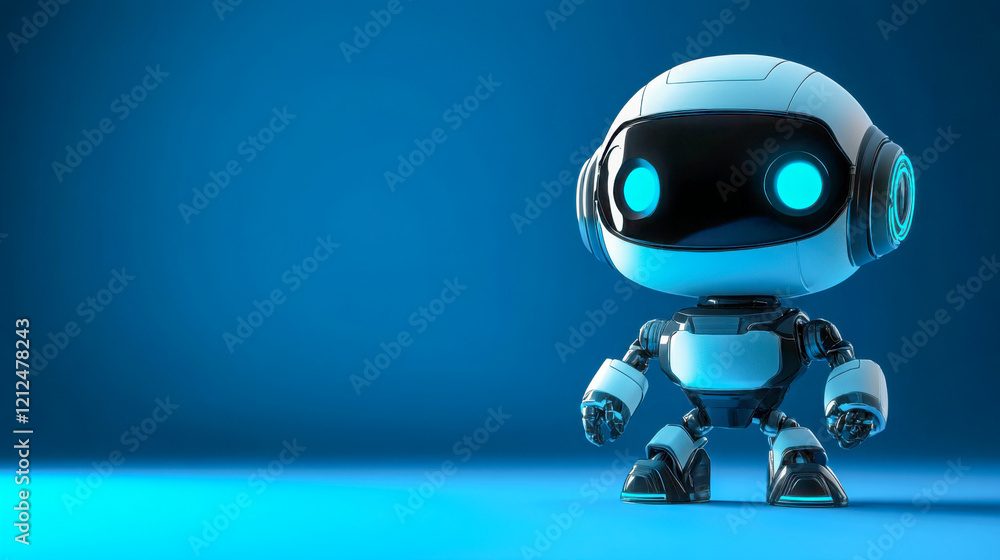 Cute robot, minimalist structure, high tech, 3D character, copy space Cute robot, minimalist structure, high tech, 3D character, copy space