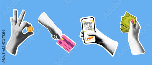 retro y2k style collage of Halftone hands with vector flat elements of money theme: qr code, coins, plastic card
