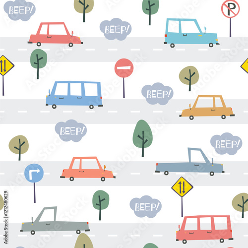Hand drawn car childish seamless pattern with traffic signs, tree and beep lettering. Suitable  for children fashion, textile and other media. vector illustration