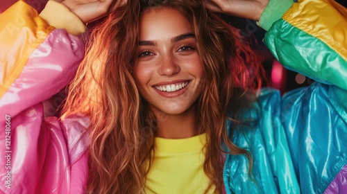 A cheerful young woman in a colorful jacket poses confidently, embodying joy and energy. Her warm smile captures the essence of youthful exuberance and style. photo