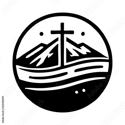 Cross on mountain simple vector logo photo