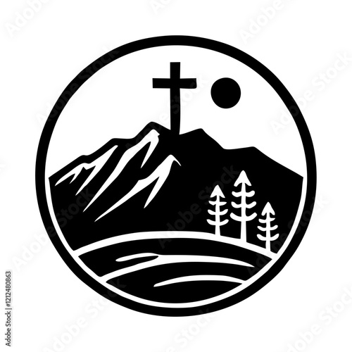 Cross on mountain simple vector logo photo