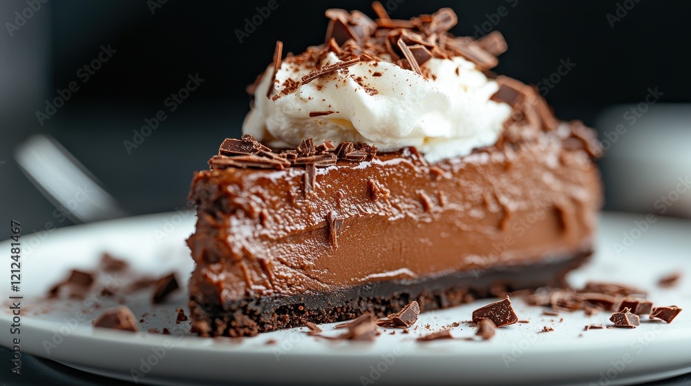 A richly layered slice of chocolate cake adorned with whipped cream and chocolate shavings, elegantly served on a plate, showcasing the art of dessert making. A richly layered slice of chocolate cake adorned with whipped cream and chocolate shavings, elegantly served on a plate, showcasing the art of dessert making.