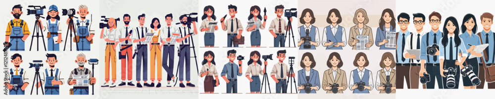 vector set of journalist characters with work equipment vector set of journalist characters with work equipment