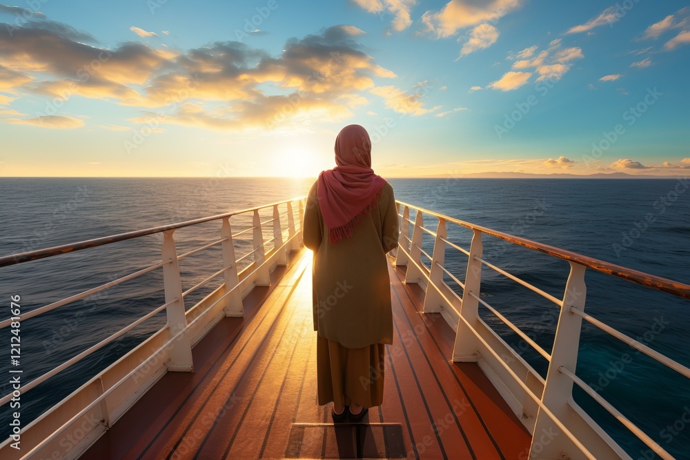 Φωτογραφία Woman wearing hijab standing on cruise ship deck watching sunrise over ocean