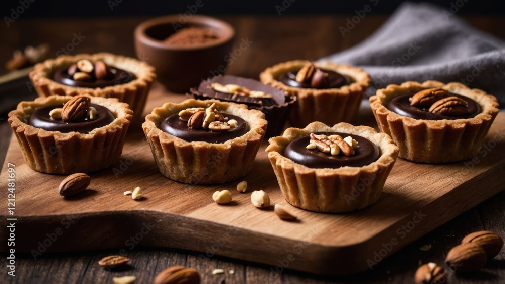 A tempting display of chocolate tartlets topped with nuts on a wooden board. A tempting display of chocolate tartlets topped with nuts on a wooden board.