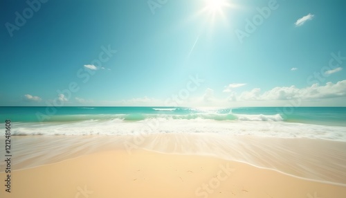 A serene beach with turquoise water and a bright sun shining above creates a tranquil scene photo