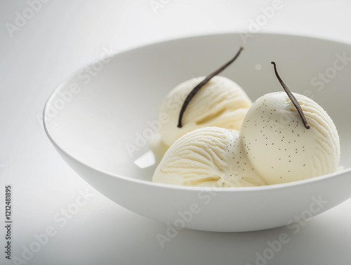 Elegantes Dessert auf weißem Teller: Vanille-Eiskugeln mit Vanilleschoten garniert. Minimalistisches Food-Styling in Weiß und Braun. Hochwertige Food-Fotografie mit klarer Bildsprache photo