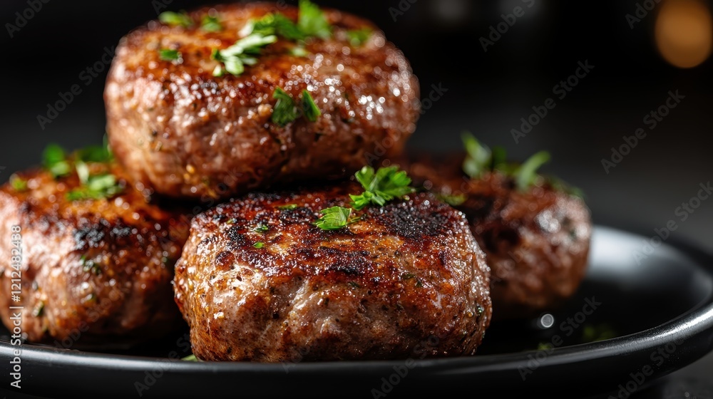 A visually appealing stack of grilled meatballs on a black plate, flaunting their rich brown color and crispy edges, garnished with fresh herbs for an elegant touch. A visually appealing stack of grilled meatballs on a black plate, flaunting their rich brown color and crispy edges, garnished with fresh herbs for an elegant touch.
