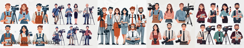 vector set of journalist characters with work equipment