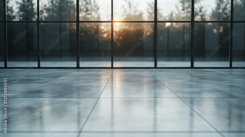 Fototapeta premium A sleek modern floor reflecting light beautifully, framed by tall glass walls, creating a serene environment with natural elements visible through the transparent structure.