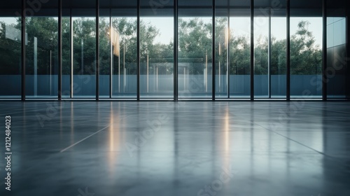A tranquil modern floor setting surrounded by expansive glass walls  allowing a view of greenery outside while promoting a sense of peace and connection with nature.