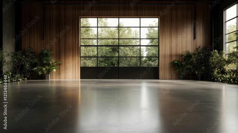 Obraz premium A stylish indoor space with large windows and wooden accents, featuring lush greenery that brings a touch of nature inside, offering a refreshing and vibrant atmosphere.