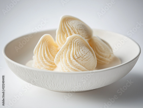 Zarte Meringue-Kekse in einer schlichten weißen Schale arrangiert. Die luftigen, gebäckartigen Spitzen sind in zartem Cremeweiß gehalten und heben sich vom schlichten Hintergrund ab photo