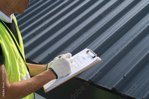 Worker, inspector, engineer is check and inspect roof house or building quality after roofing repair replace with check list in hand. Inspect and checking concept photo