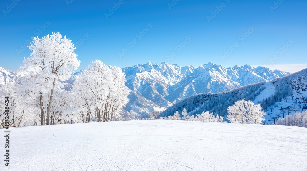 Snowy mountain range winter landscape, pristine snow, clear sky, ideal for winter sports tourism Snowy mountain range winter landscape, pristine snow, clear sky, ideal for winter sports tourism