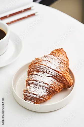 Delicious flaky croissant dusted with powdered sugar rests on a simple plate beside a steaming cup of dark coffee. The setting is bright and inviting, perfect for a breakfast treat photo