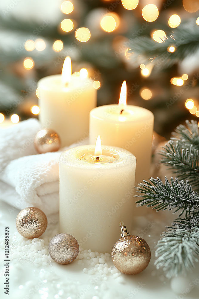 Photo de bougies blanches allumées dans une ambiance hivernale festive, entourées de décorations de Noël, de branches de sapin, d’ornements dorés et d'un flacon d'huiles essentielles Photo de bougies blanches allumées dans une ambiance hivernale festive, entourées de décorations de Noël, de branches de sapin, d’ornements dorés et d'un flacon d'huiles essentielles