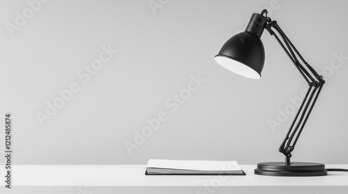 Black Desk Lamp with Notebook on Minimalist White Desk photo