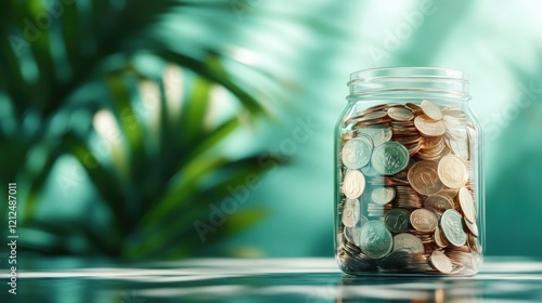 This image displays a jar filled with shining coins against a backdrop of vibrant tropical plants, symbolizing wealth and prosperity in a serene and refreshing setting. photo