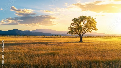 Lone Tree Standing in Vast Open Field Under a Golden Sunset Sky
