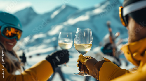 Skiers relaxing with white wine against snowy alpine landscape after skiing adventures
