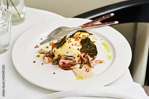 An appetizing brunch plate showcases eggs benedict topped with crispy greens and savory mushrooms, garnished with quinoa and served with a side of sauce photo