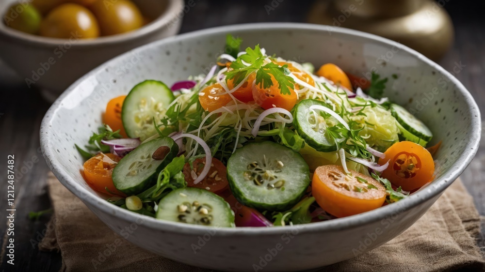 A vibrant salad featuring fresh vegetables and herbs in a rustic bowl. A vibrant salad featuring fresh vegetables and herbs in a rustic bowl.