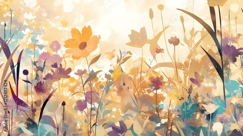 A modern wallpaper design with botanical elements such as leaves, flowers, and trees, enhanced by watercolor splashes.