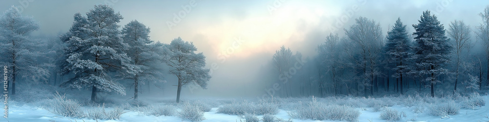 Fototapeta premium Serene winter landscape at dawn with frosty trees and misty sky