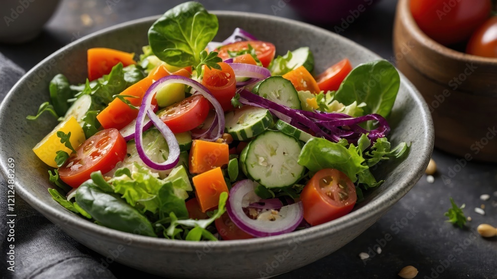 A vibrant salad featuring fresh vegetables and greens in a bowl. A vibrant salad featuring fresh vegetables and greens in a bowl.