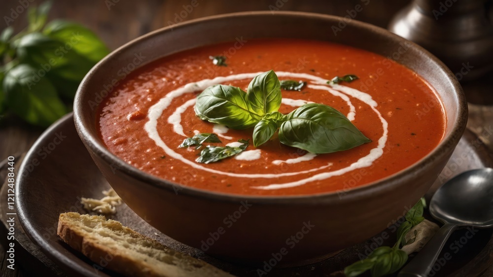 A bowl of tomato soup garnished with basil and cream, served with bread. A bowl of tomato soup garnished with basil and cream, served with bread.
