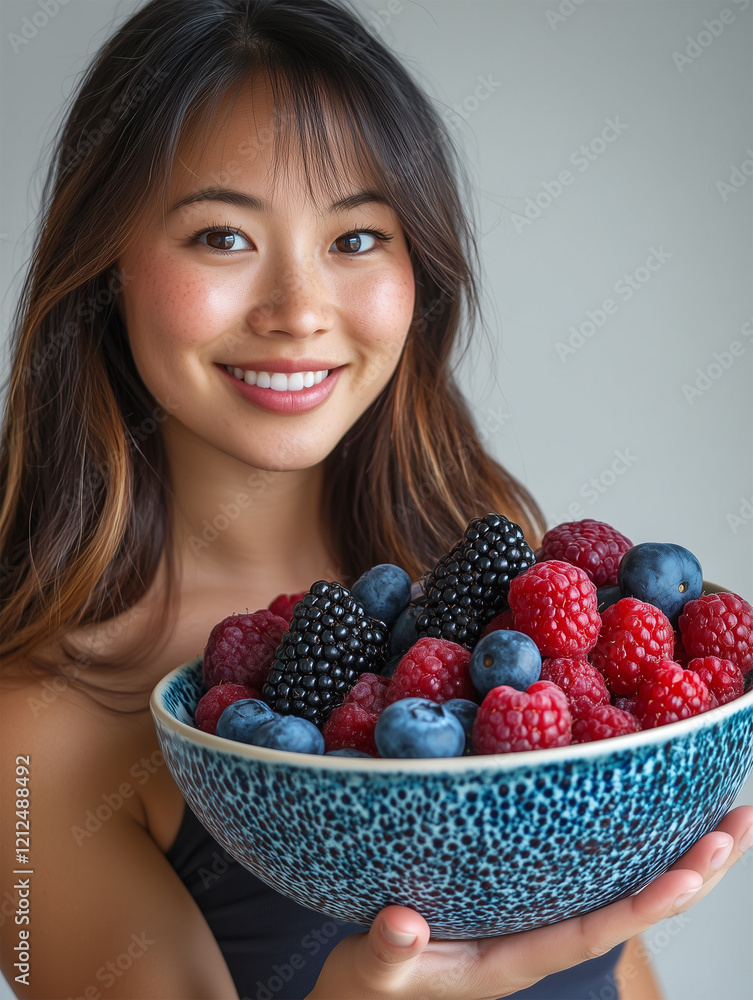 Vibrant bowl of mixed berries held by a smiling woman in a bright indoor setting