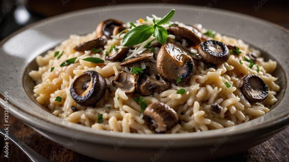 A delicious plate of creamy mushroom risotto garnished with herbs. A delicious plate of creamy mushroom risotto garnished with herbs.