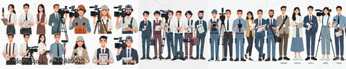 vector set of journalist characters with work equipment