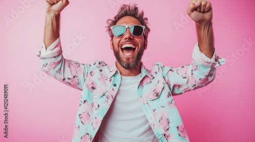 A jubilant man in a vibrant floral jacket and sunglasses exuberantly celebrates against a bright pink background, perfectly embodying positivity, energy, and youthful exuberance. photo