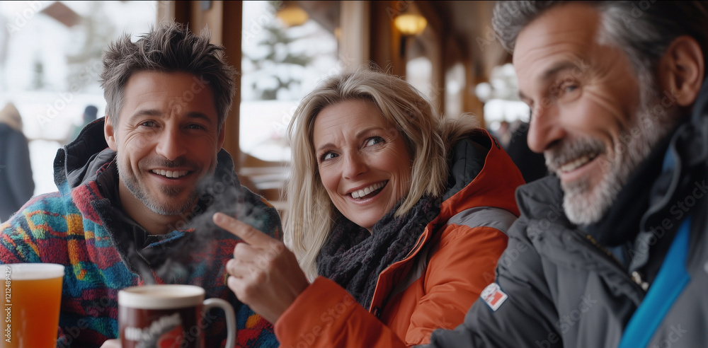 Obraz premium Ski resort friends warming hands, sharing laughter over steaming mugs inside rustic wooden chalet after skiing