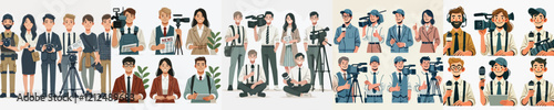 vector set of journalist characters with work equipment