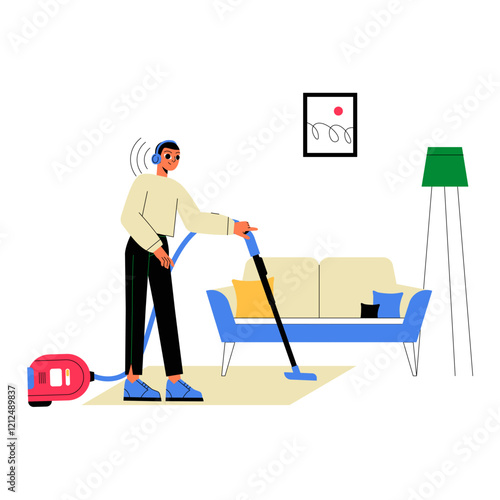 Man Vacuuming While Listening To Podcast In Flat Vector Illustration Symbolizing Household Chores, Media Engagement, And Relaxation, Isolated On White Background.