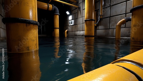 A dimly lit underground area featuring yellow pipes, with water pooling around them, suggesting an industrial setting. photo