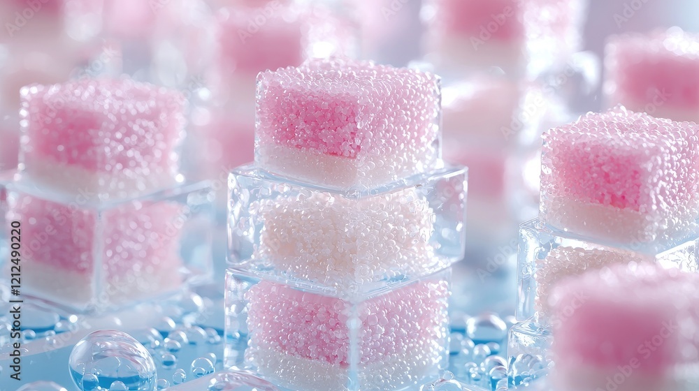 Pink and white sugar cubes in ice, close-up, refreshing, dessert concept Pink and white sugar cubes in ice, close-up, refreshing, dessert concept