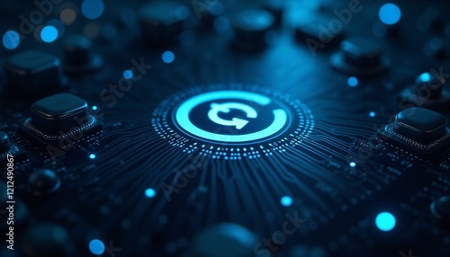 A futuristic circuit board glowing with a restart symbol in the center, surrounded by dim lighting and soft blue hues, representing a technological reboot