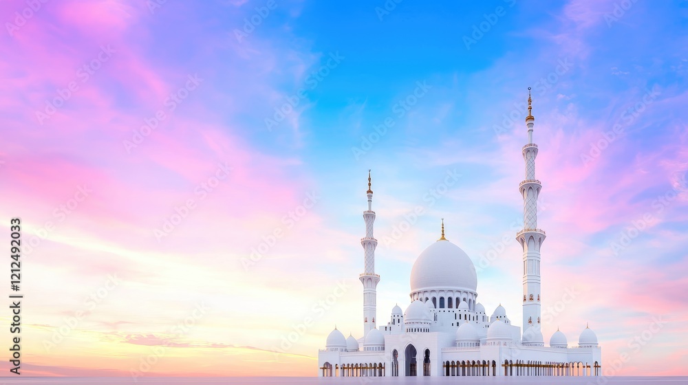 Naklejka premium White marble mosque with minarets stands under a vibrant pink and blue sunset sky.