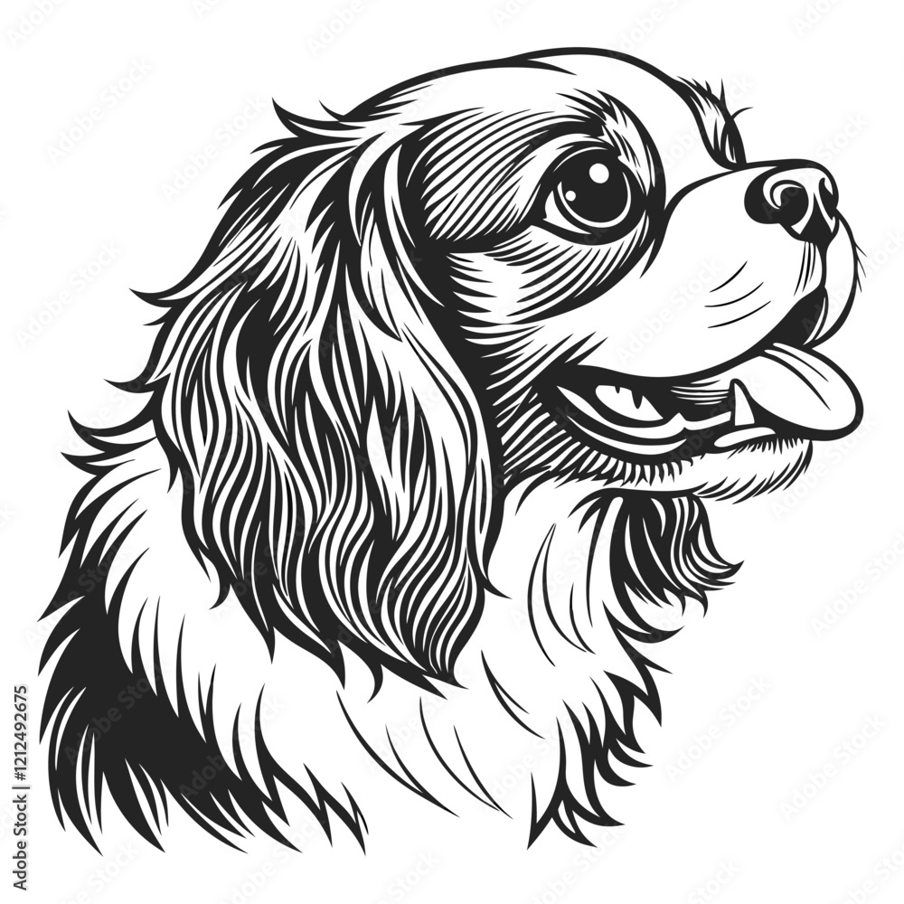 Φωτογραφία Detailed black and white illustration of a Cavalier King Charles Spaniel with expressive eyes and fluffy fur